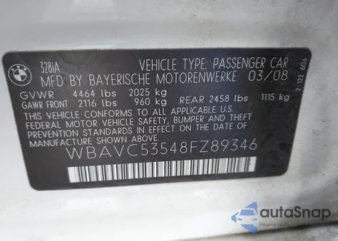 2008 BMW 328I из США, поврежденный, VIN WBAVC53548FZ89346